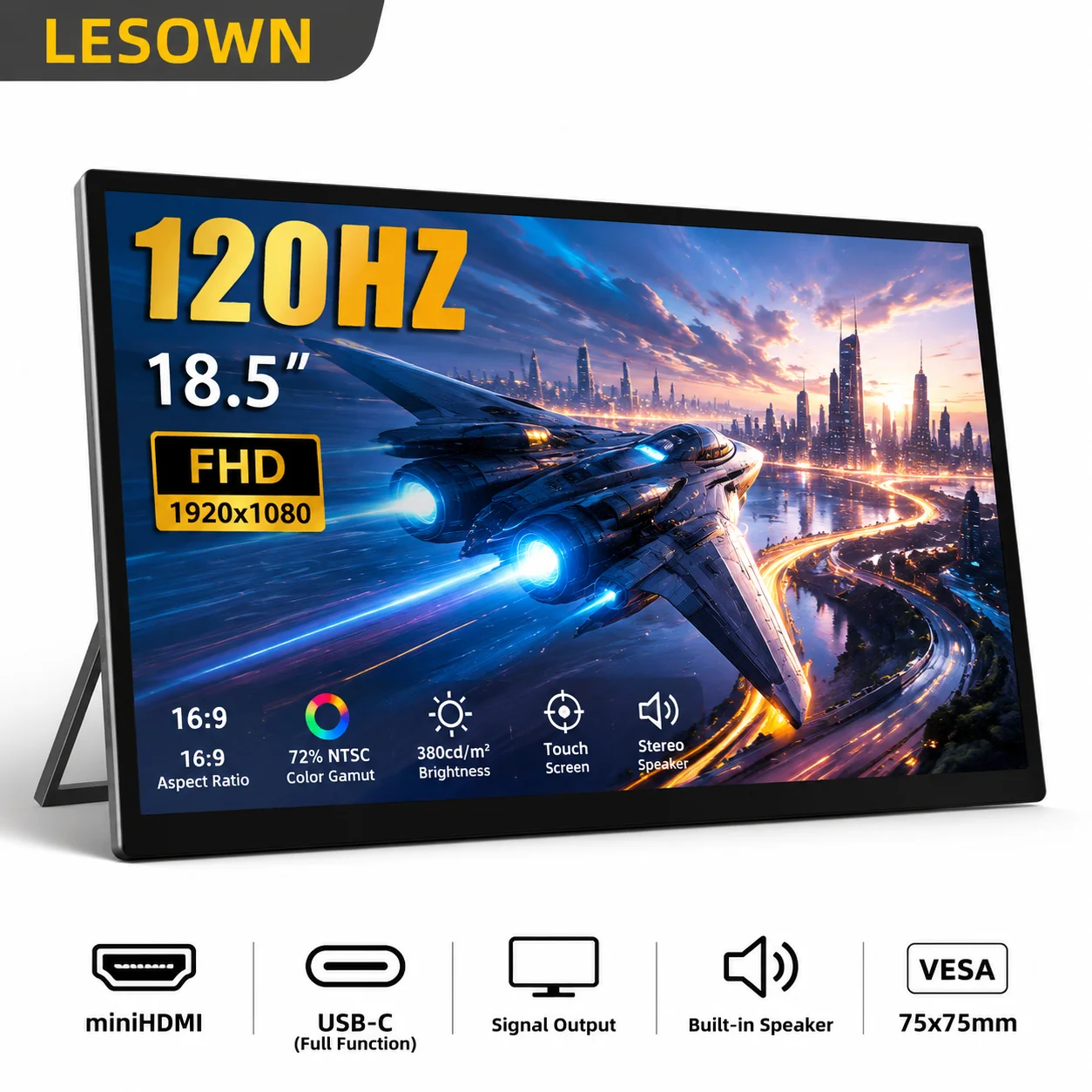 LESOWN 18.5 Inch 120Hz Portable Monitor FHD 1080P Gaming Display Plug & Play External Second Screen with VESA for Laptop