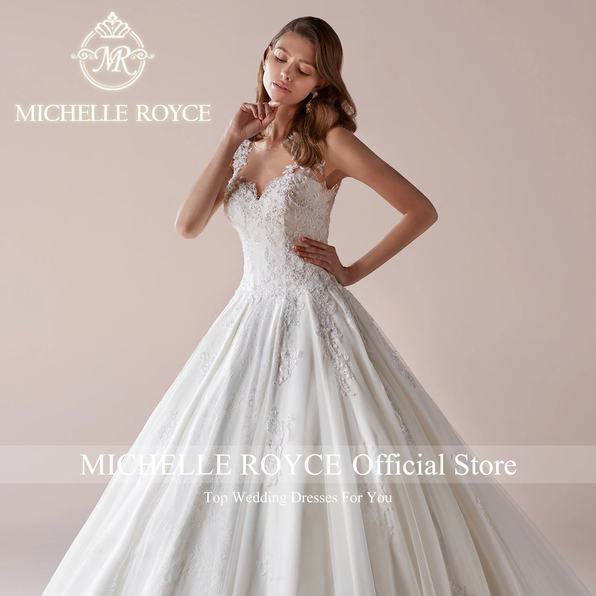 Michelle Royce-vestido De baile De lujo para mujer, Vestidos De Novia con escote Invisible, bordado, drapeado