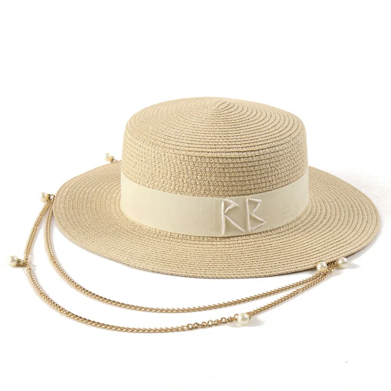 Women's Summer Flat Top Straw Hat with Pearl Chain Beach Cap