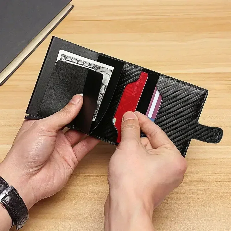 RFID Carbon Fiber Wallet for Men - Slim Minimalist Credit Card Holder, Metal Smart Pop-Up Wallet, Thin RFID Blocking Small Black Purse image 6