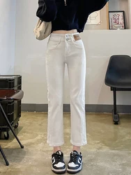 Straight Leg Jeans Women's Spring Autumn High waisted Clothes Trendy Y2k Bottom Split Ankle Length White Denim Pants Streetwear