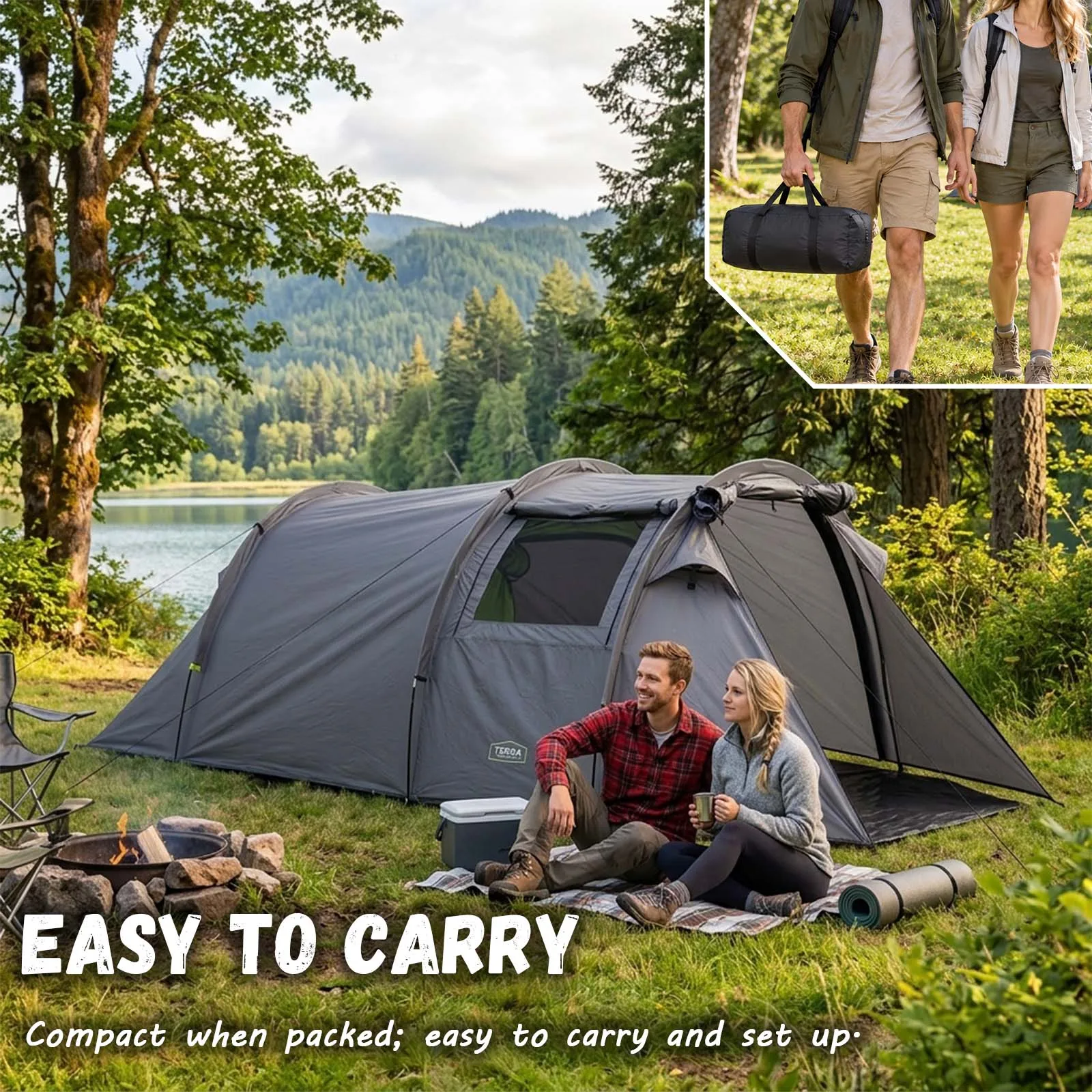 Spacious Dark Tunnel Camping Tent Airy Panoramic Views for 2 Person Camping Garden Seaside Beach