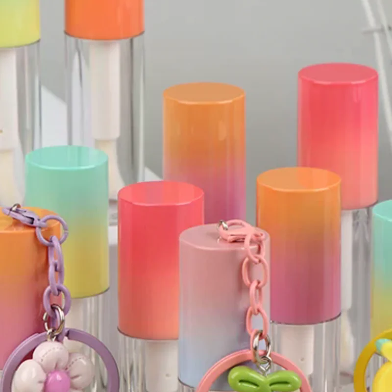 키체인이 있는 립 글레이즈 병 그라데이션 빈 립스틱 글로스 튜브 리필 가능한 액체 용기 병 립글로스 샘플 병