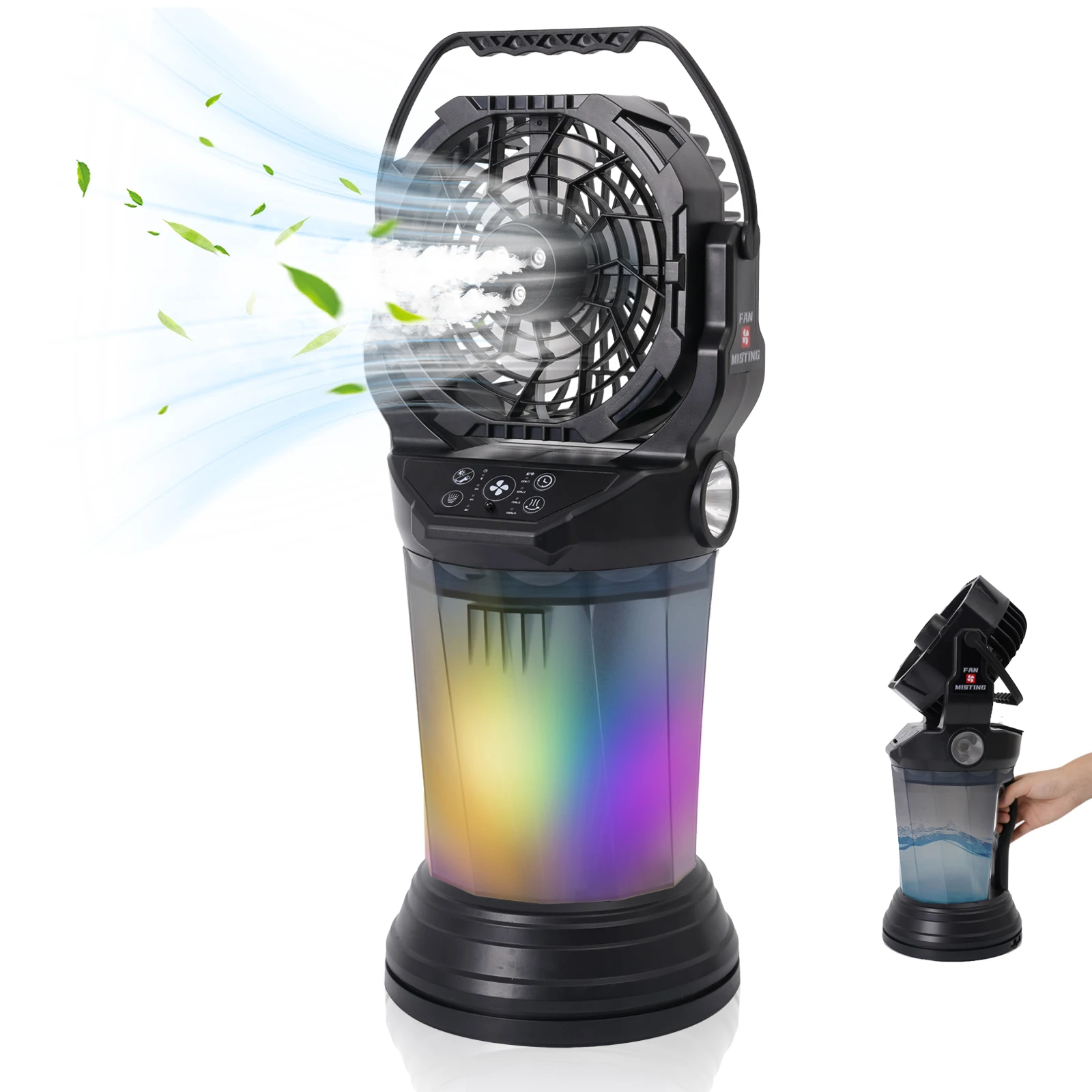 4‑Speed Portable Misting Fan with 180° Oscillation, 15000mAh Battery, 2000ml Water Tank, Brushless Motor, Flashlight & Vertical Tilt – Ideal for Camping, Outdoor, Picnic, Night Fishing