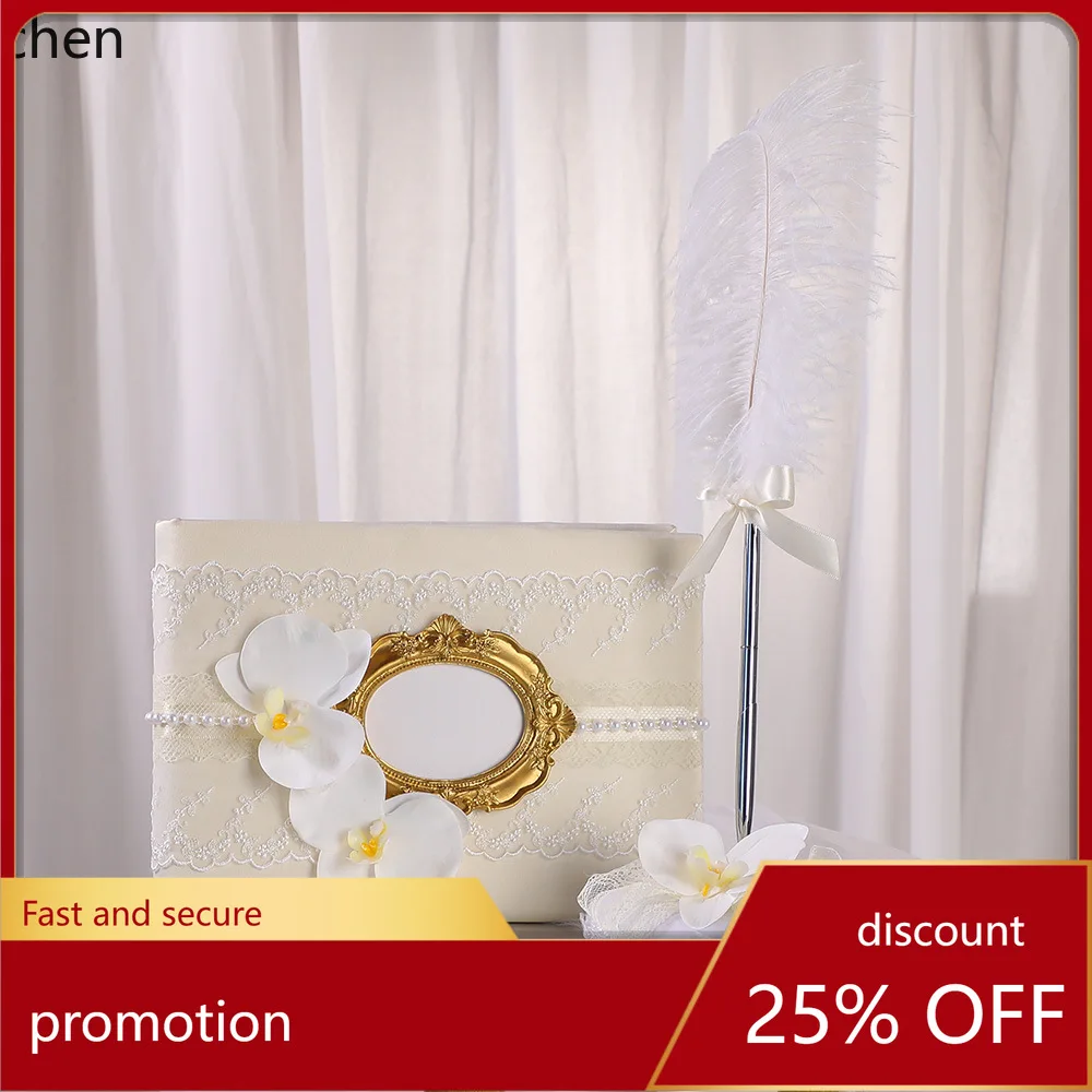 

Zml wedding sign-in kit: outdoor wedding guest book with phalaenopsis orchid decoration, feather quill pen, and sign-in tools