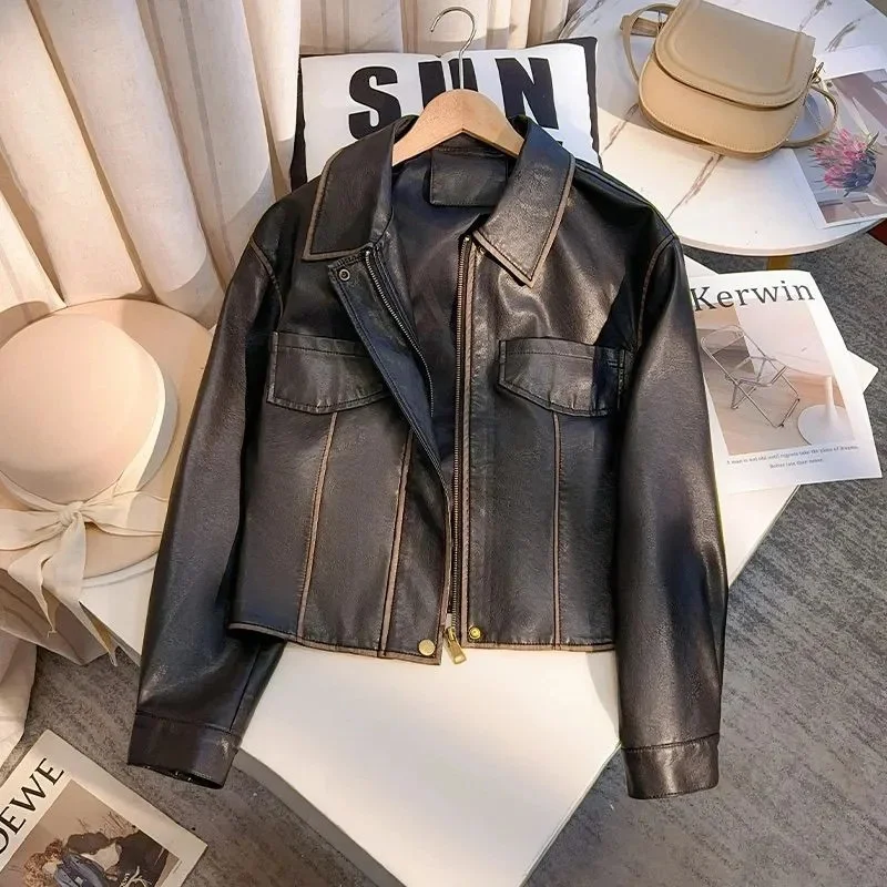 

Color Blocking Baseball Short Jacket Autumn Female Leisure PU Leather Coat Retro Women Fashion Loose Faux Leather Outwear Lady