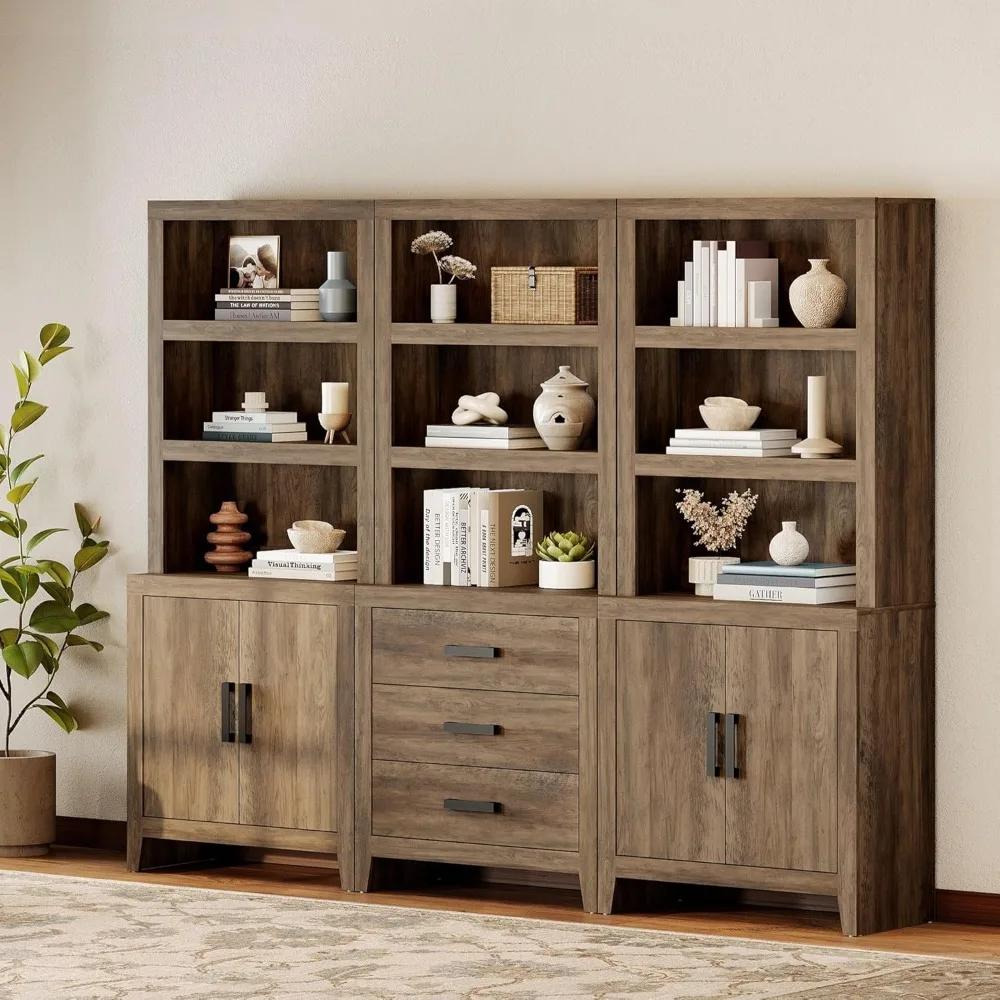 

74" Tall Bookshelf Set of 3, Farmhouse Bookcase with Doors & Drawers, Wooden Bookshelf for Living Room, Home Office,Library