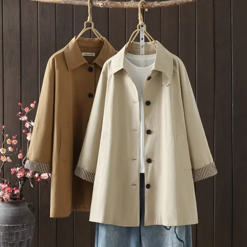 

Japanese Vintage Mori Girl Plaid Patchwork Single Breasted Trench Coat Women Autumn Turn Down Collar Long Sleeve Casual Jacket