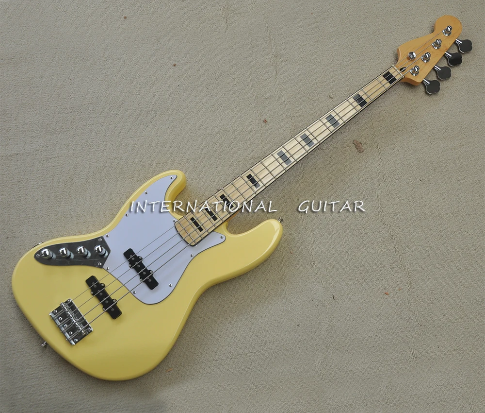 Left Hand Yellow 4 Strings Electric Bass with Maple Fretboard,Active Circuit,Customizable