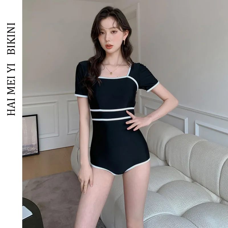 

H 2025 New One-Piece Swimsuit Women Conservative Sport Small Chest Ele Slimming Belly Covering Hot Spring Swimming Suit