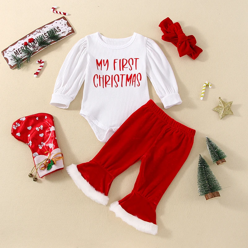 SUNSIOM 3Pcs My First Baby Girl Christmas Outfits Newborn Long Sleeve Romper + Velvet Bell Bottom Pants + Headband Clothes Set