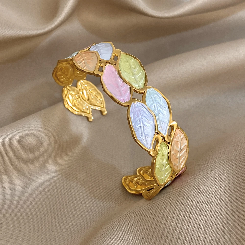 

Freetry New Waterproof Stainless Steel Wide Open Bangle Bracelet Women Elegant Retro Colorful Drip Oil Leaf Petals Cuff Bangles
