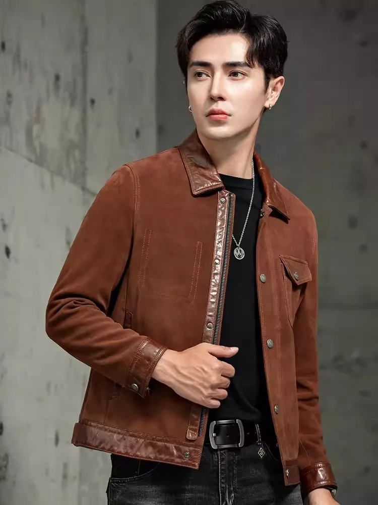 Vintage Turn-Down Collar Mens Suede Sheepskin Motorcycle Jacket Spring Autumn Casual Slim Fit Genuine Leather Short Coat Male