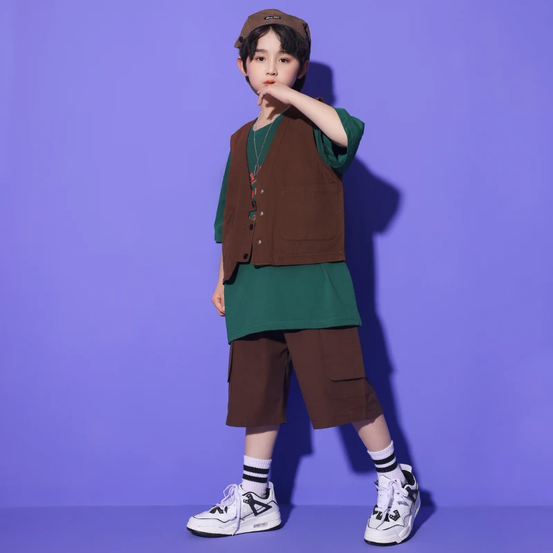 Teenager Street Wear Outfits Kinder Hip Hop Kleidung braune Weste T-Shirt Tops Cargo Shorts für Mädchen Jazz Tanz Kostüm Kleidung