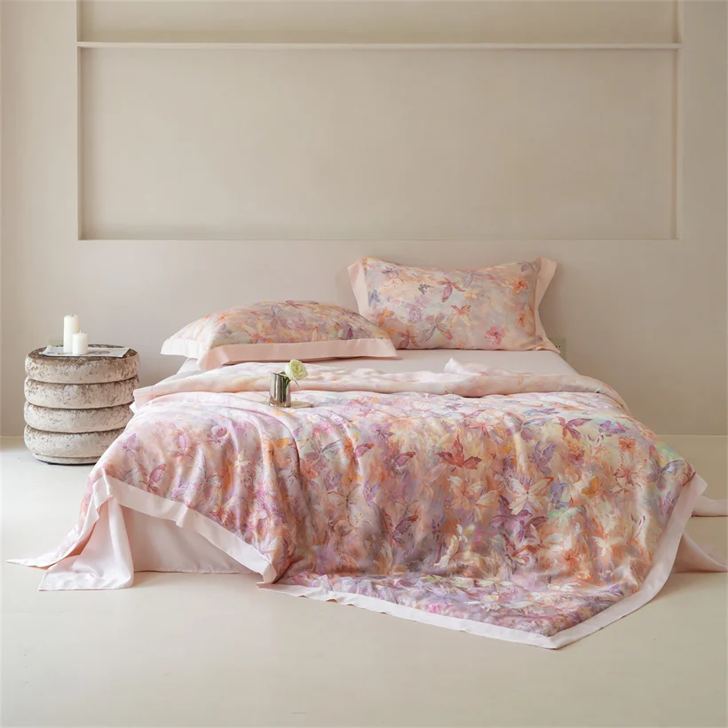Soft Silky Natural Eucalyptus Fiber Lyocell Cooling Blanket Floral Plants Print Summer Quilt Lightweight Comforter Silk Filling