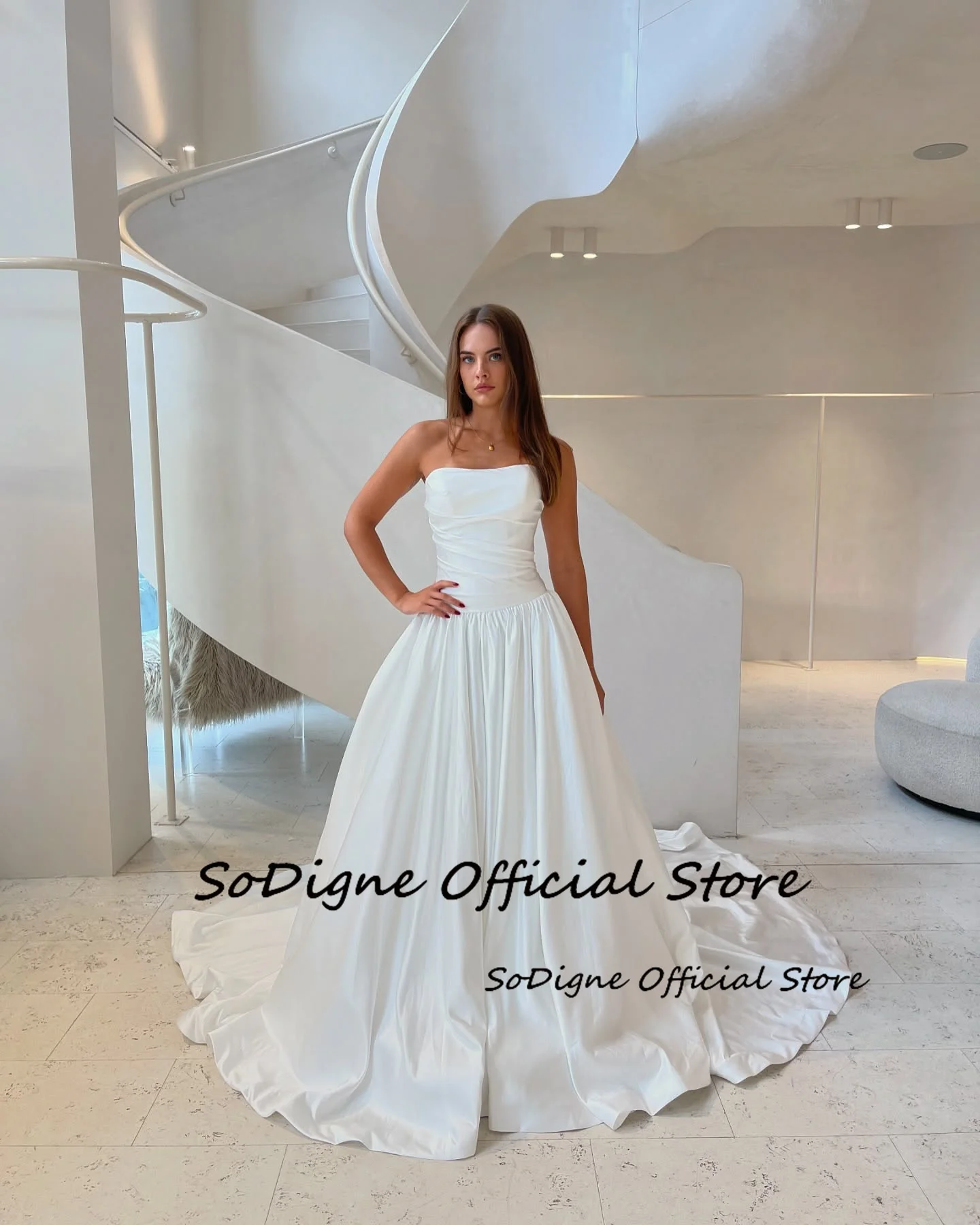 SoDigne A-Line ซาตินชุดแต่งงานที่ไม่มีสายหนังชุดเจ้าสาวยาวชุดแต่งงาน Robe De Mairee ﻿ ปรับแต่งได้