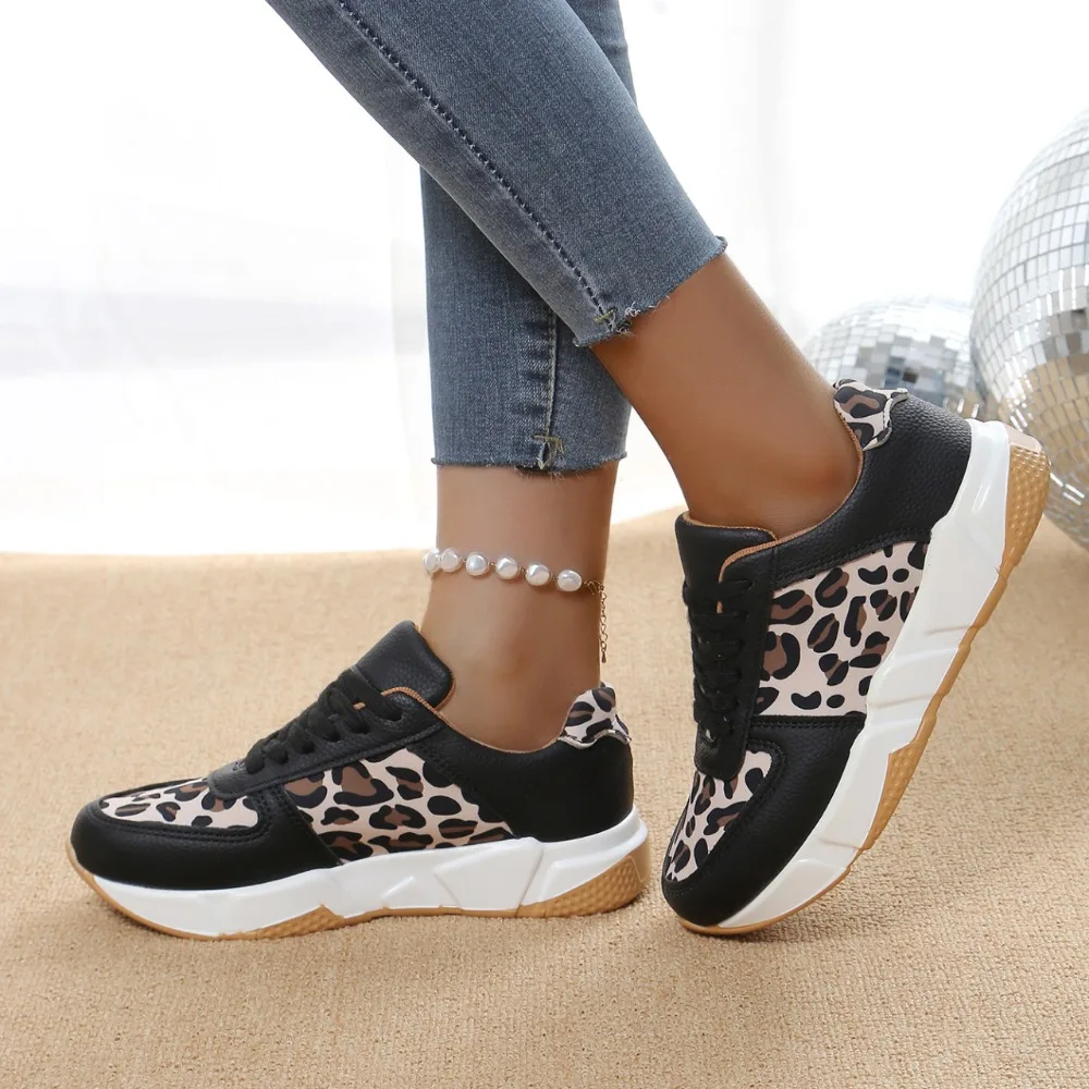 Women\'s Ankle Shoes 2024 Spring Fashion Casual Leopard Shoes for Women Platform Ladies\'s Sneakers Low Top Lace Up Tenis Feminino