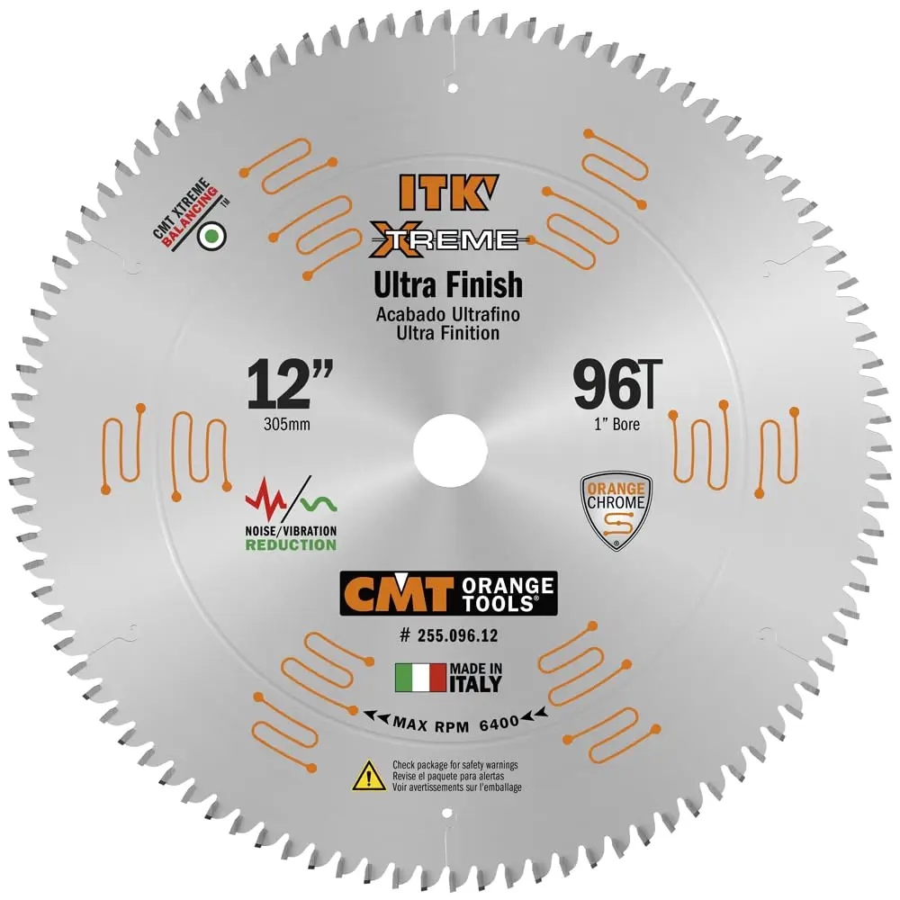

12-Inch 96-Tooth Fine Finish Saw Blade, 40° ATB Grind with 1-Inch Bore for Industrial Use