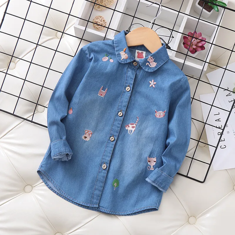 Fashion Baby Girl Boy Cartoon Embroidery Jean Shirt Cotton Child Denim Blouses Solid Color Spring Autumn Baby Clothes 2-14Y