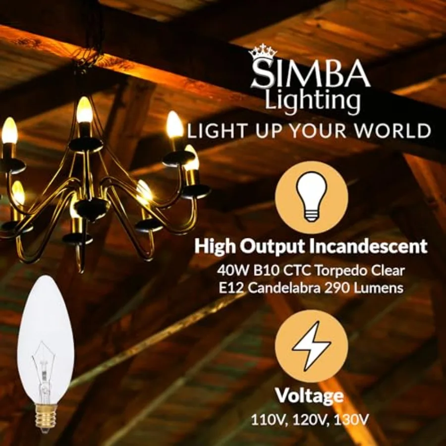 Candelabra Torpedo Clear B10 CTC 40W E12 Base 12 Pack Decorative Incandescent Light Bulbs 120V for Chandeliers, Ceiling Fan Lig