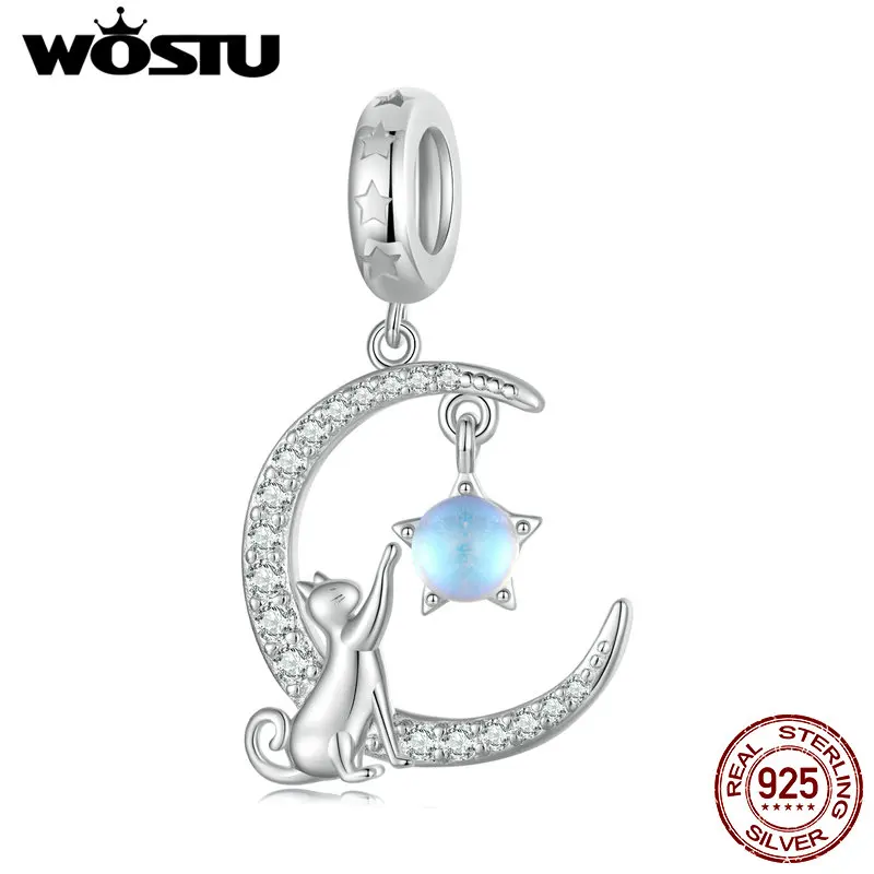 WOSTU 925 Sterling Silver Lovely Cat Charms Pendant Moonstone Moon Beads Fit Original Bracelet Necklace Jewelry Making DIY Gift