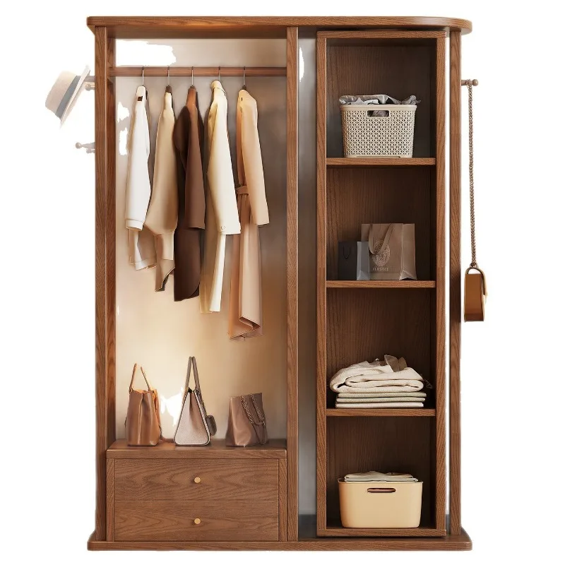 Solid wood rotating mirror coat rack, bedroom home floor-to-ceiling full-length mirror hanger, combined integrated storage