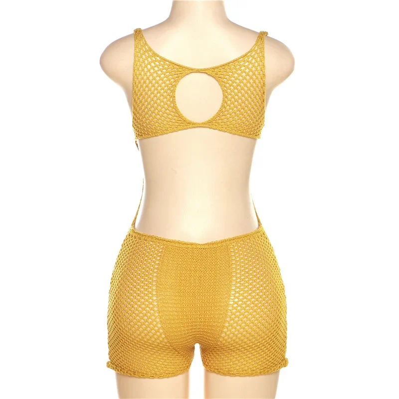 YUZHEXI Summer Hollow Out Knit Yellow Playsuit donna senza maniche a rete pagliaccetto tute vestiti Rave