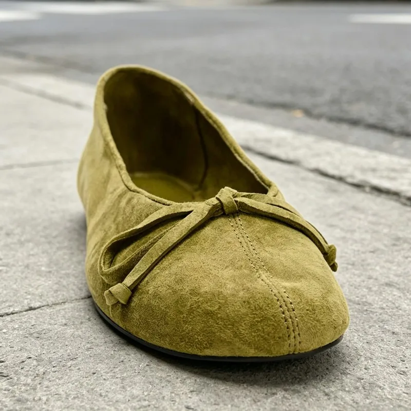 Green Faux Suede Ballet Flats Women Retro Bowknot Detail Round Toe Mary Jane Shoes Comfortable Light Soft-soled Designer Shoes