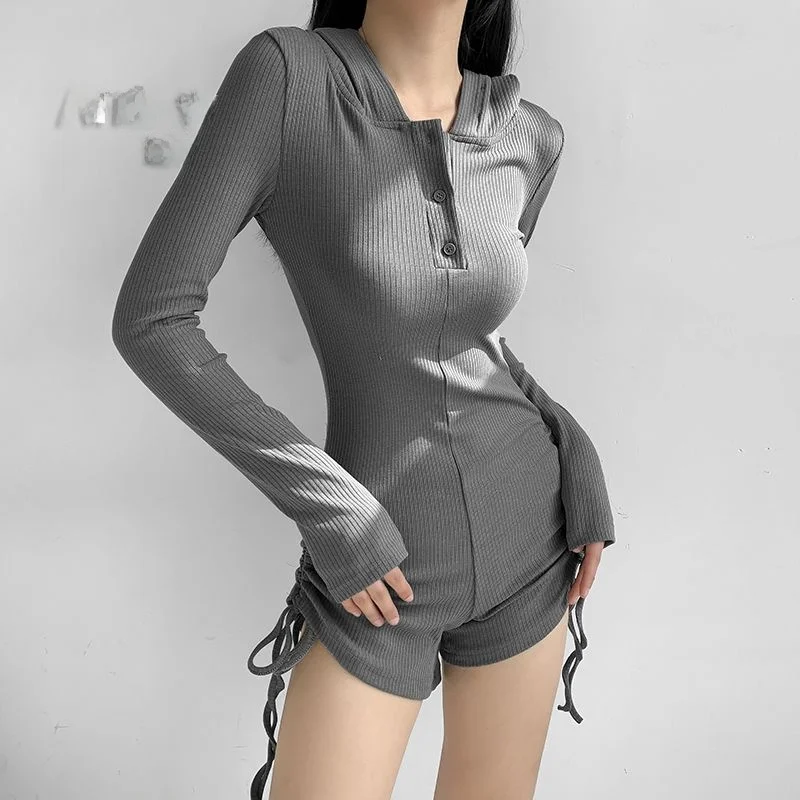 

Sexy Long Sve Onesie for Women Dstring Hooded Tight Fit High Waist ort Pants Polyester Fiber 2025 Summer New Arrival