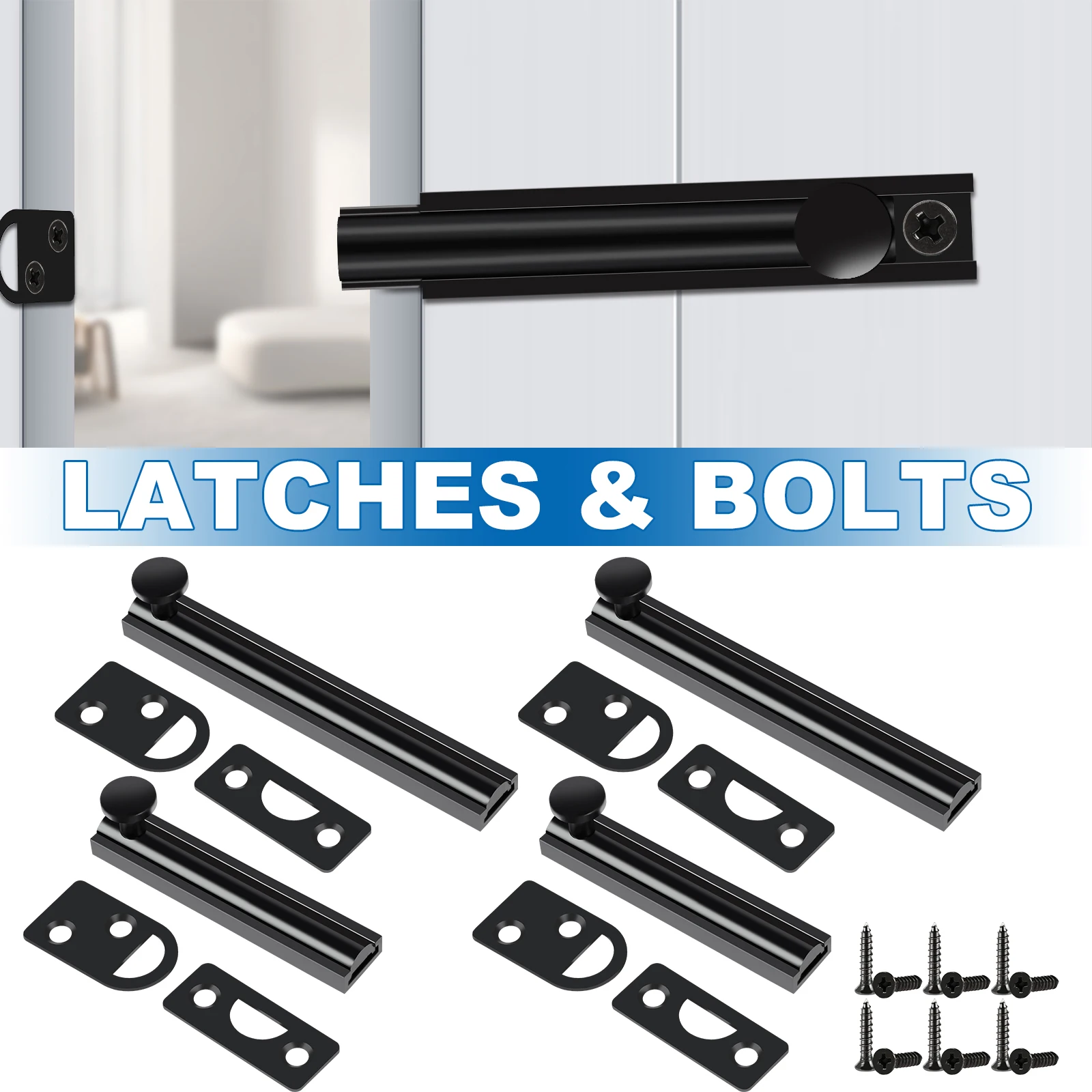 

2Pcs Door Bolt Sturdy Brass Door Lock Latch 3inch/4inch Black Door Latch Easy Installation Gate Lock Heavy Duty Door Bolt for