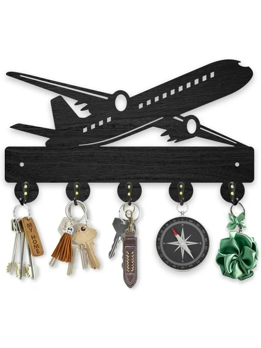

Wooden Airplane Coat Hook Wall Mounted 11.8×6.8inch Aircraft Key Holder for Wall Decorative Black Key Hanger 5 Alloy Hooks