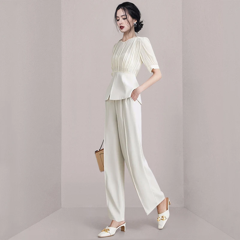 New Spring Summer Office Ladies 2 Piece Suits 2024 Elegant Women O Neck Long Sleeve Ruffles Tops + Pockets Work Wide-Leg Pants