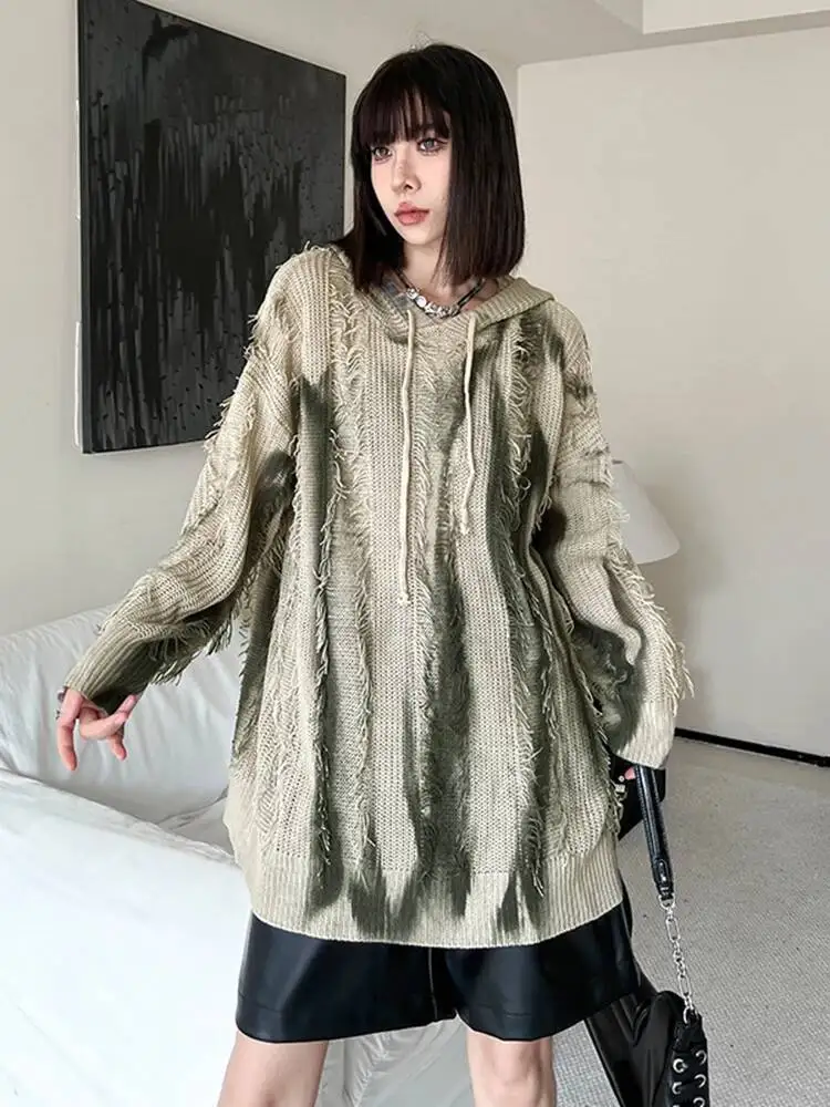 

HUISONG Apricot Tie Dye Big Size Knitting Sweater Hooded Long Sleeve Women Pullovers New Fashion Tide Spring Autumn 2025