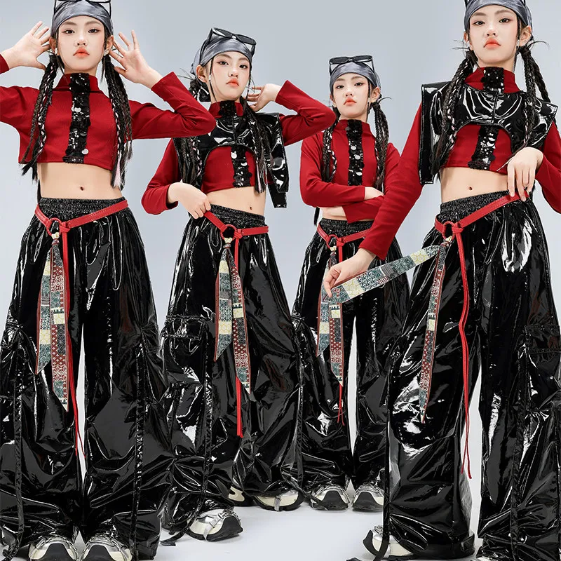 2026-children-jazz-dance-costumes-red-crop-tops-leather-pants-kpop-outfits-for-girls-group-hip-hop-performance-clothes-dqs21970