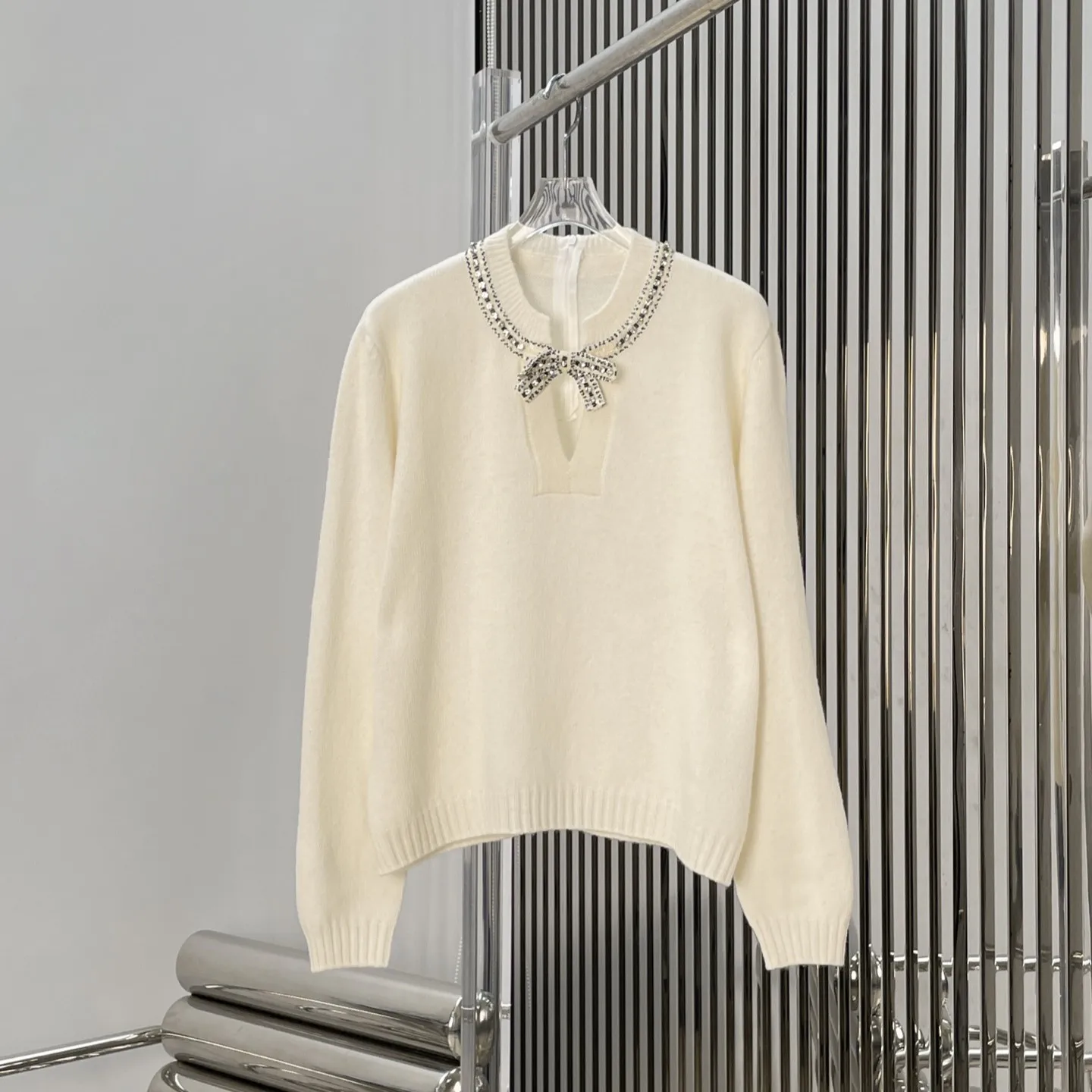 2025 New 100% Wool Women's Knit Sweater | Rhinestone Bow & Beaded Collar (Cream/Black) Stylish Elegant Warm Top