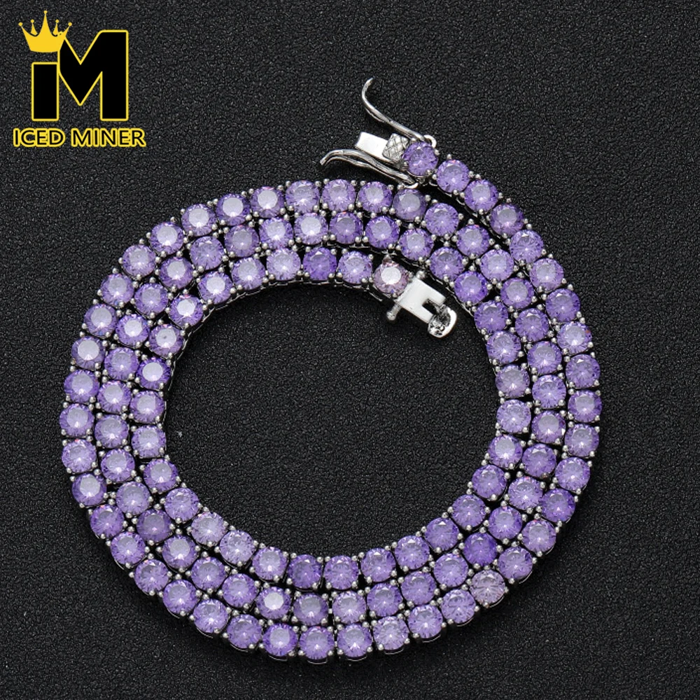 All New 4mm Icedminer Purple Zircon Iced Out Tennis Link Chain Necklaces for Men Women Hip Hop Jewelry Free Shipping
