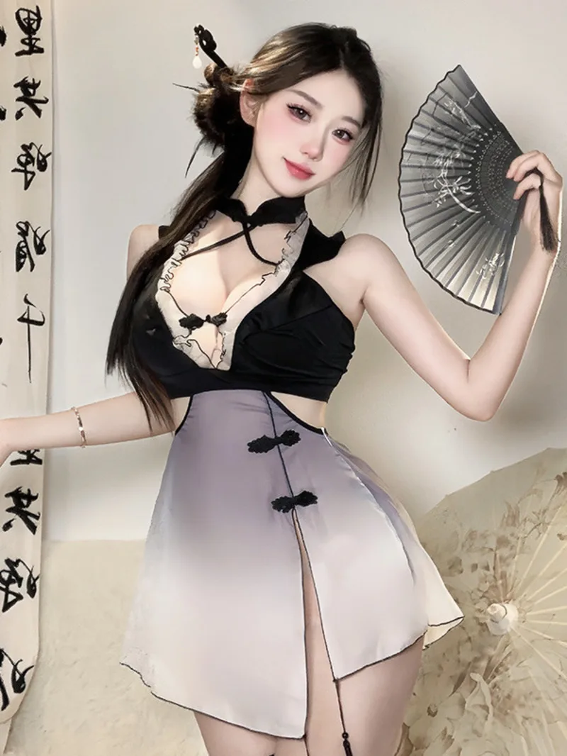 Sexy Chinese Style Women's Ink Wash Style Exposed Chest Ancient Style Nightgown Pure Desire Thin Sheer Passion Dress Elegant L8G