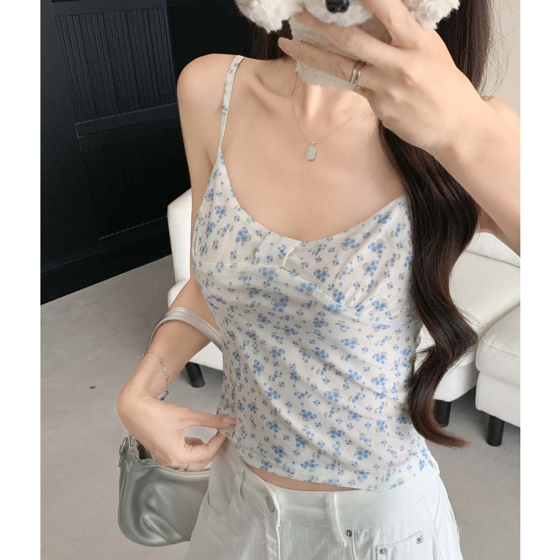 Women Floral Print Tank Top Adjustable Strap Polyester Slim Fit Short Sweet Fresh Summer Camisole Vest