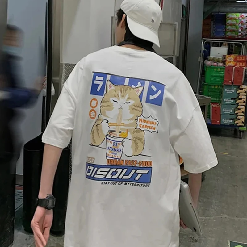 

Harajuku Cat Cartoon Eat Noodles Graphic Men Women Casual T-shirt Short Sleeves Couple's Top Japanese Style Oversized Clothing