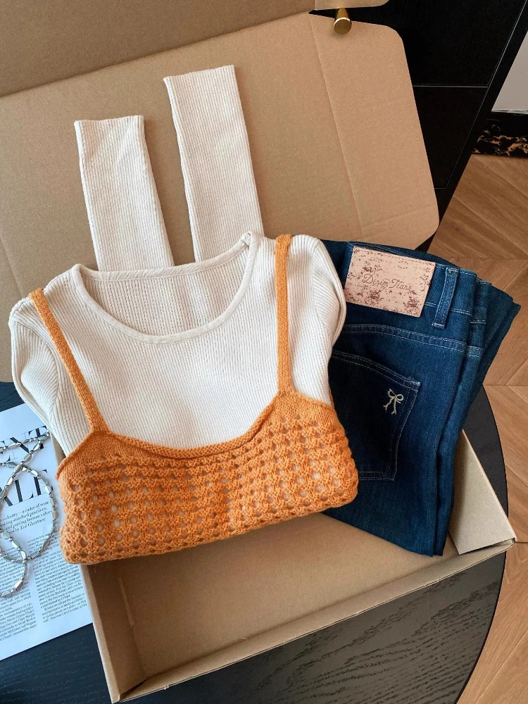 Dopamine Orange Knitted Sweater Women's Fashion Korean Style Layering Two-Piece Set Soft Polyester Fiber Long Sleeve round Neck