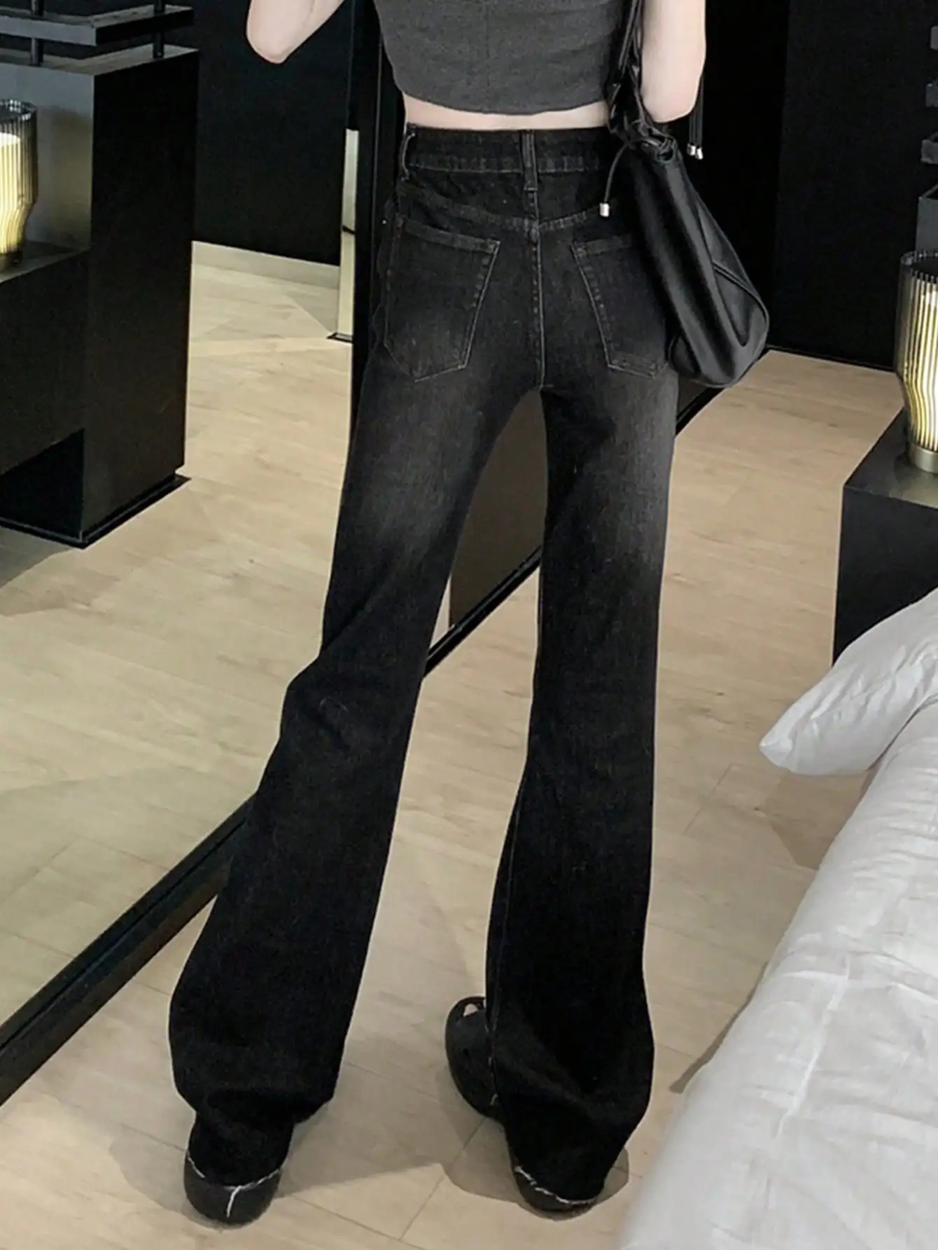 Korean Chic Autum New Black Distressed Sexy Jeans Low-Waisted Boot-Cut Pants Butt-Lifting Slimming Look Bell-Bottom Pants