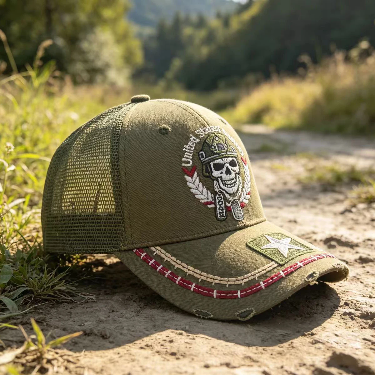 American Vintage Military Skeleton Embroidered Mesh Baseball Cap, Retro Distressed Frayed Five-Star Embroidered Brim Truck Cap,