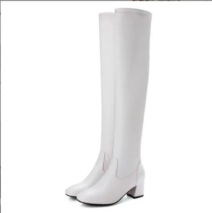 New Women Over The Knee Boots Female Zip Sexy Black Long Boots Woman White High heels Ladies Round head Party Boots Autumn Shoes