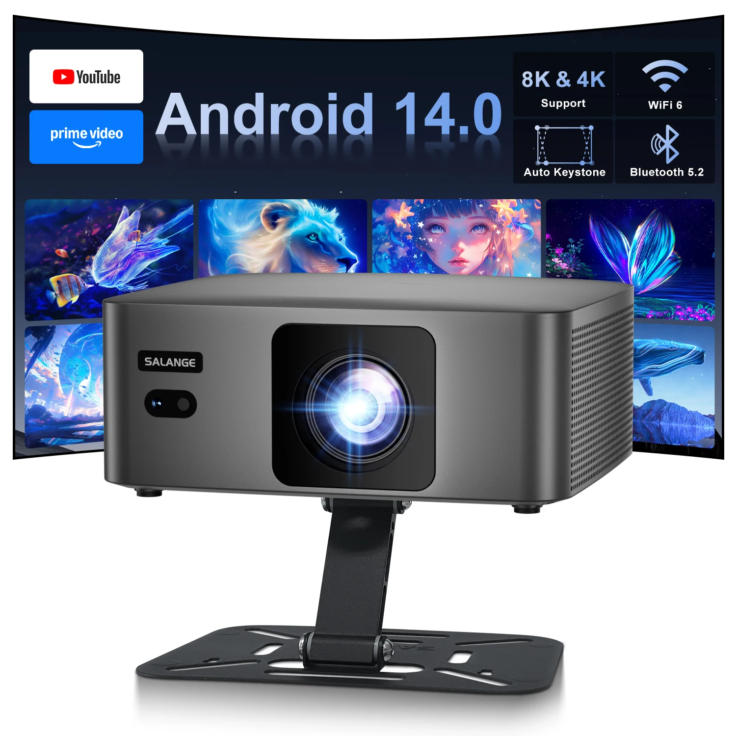 

Проектор Salange P60Pro на Android 14.0 с поддержкой 8K, WiFi6, Bluetooth 5.2, автоматической коррекцией трапецеидальных искажений, портативный домашний кинотеатр