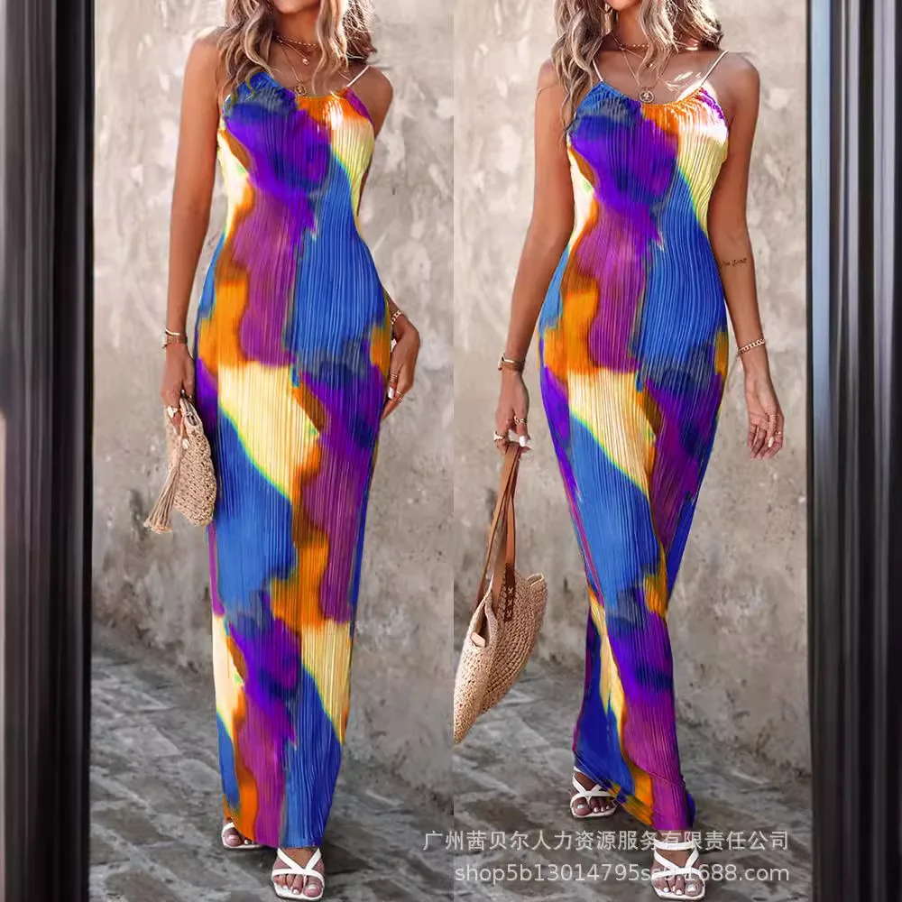 ชุด Maxi ชุดผู้หญิง Colorblock Tie Dye Cami พิมพ์ชุดยาวจีบชายหาดสลิงแขนกุด Casual Elegant Party Vestidos