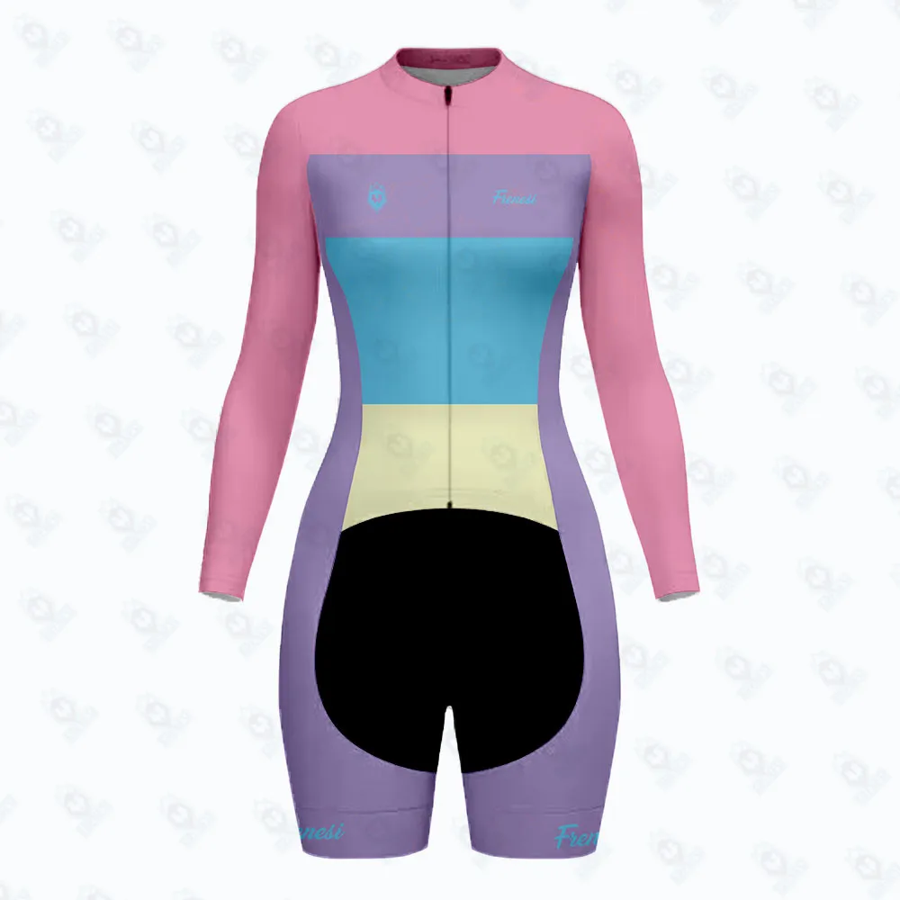 Frenesi Pink Purple Women Long Sleeve Tri Suit Cycling Jersey Skinsuit Pro Team Triathlon Ropa Ciclismo Bicycle Jumpsuit Clothes