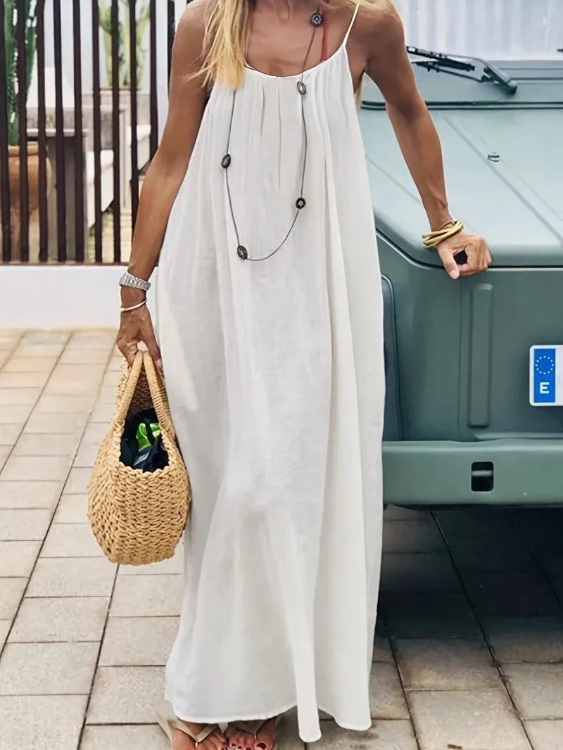 2026 Solid Color Vacation Cool Homewear Loose-Fit Spaghetti Strap Dress Women's Casual Homewear Summer Dress