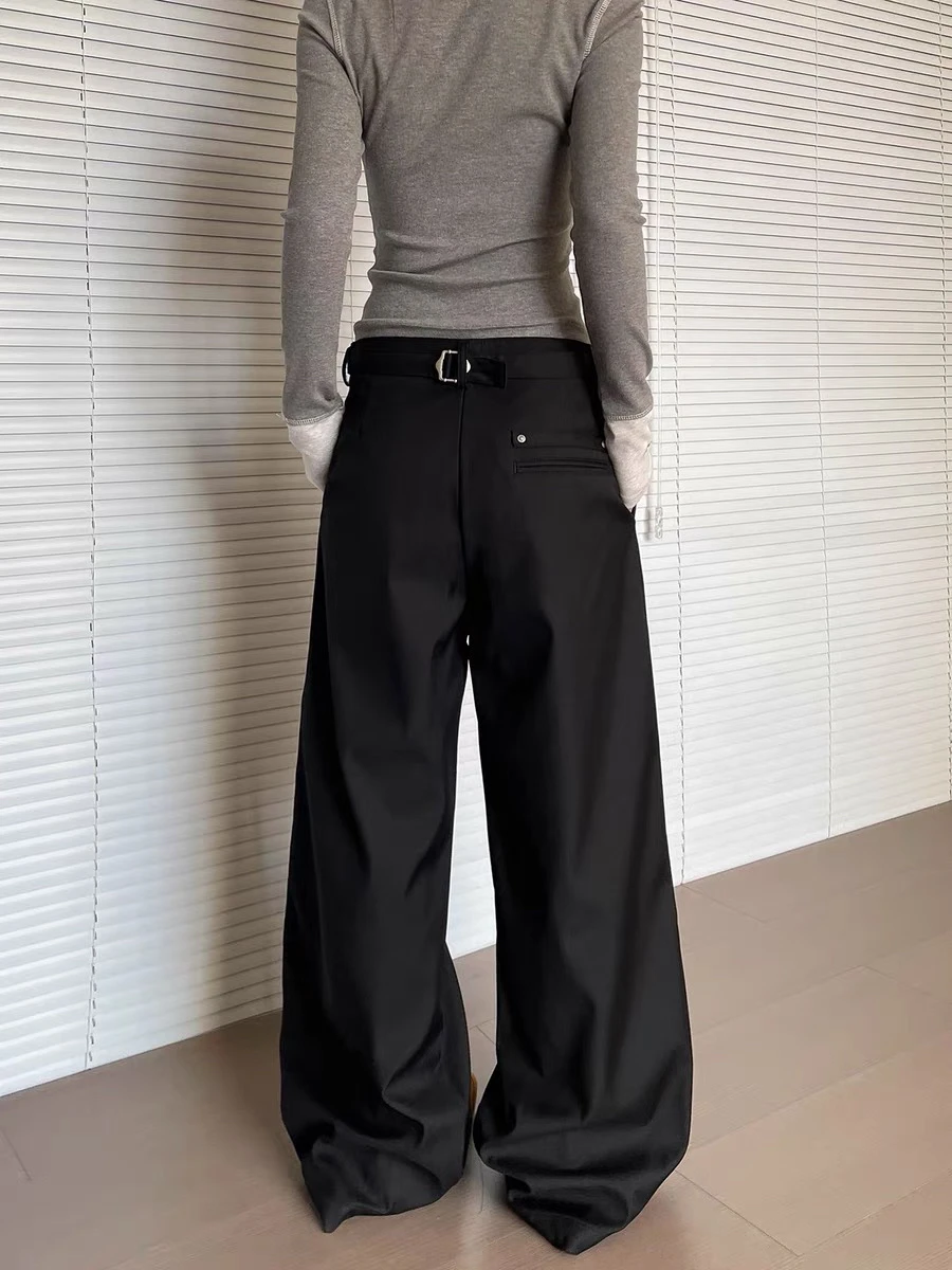 Calças Casuais de Cintura Alta com Pregas Estilo Americano para Homens e Mulheres Design Vintage Soltas e Es