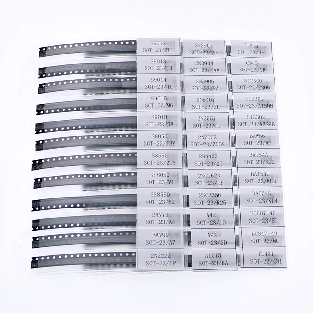 900Pcs 36Values Chip Transistor Assortment Kit Sample Book S8050 S9014 2N2222 TL431 2N7002 SI2301 2SC1623 BAT54C 2SC3356 2N3904