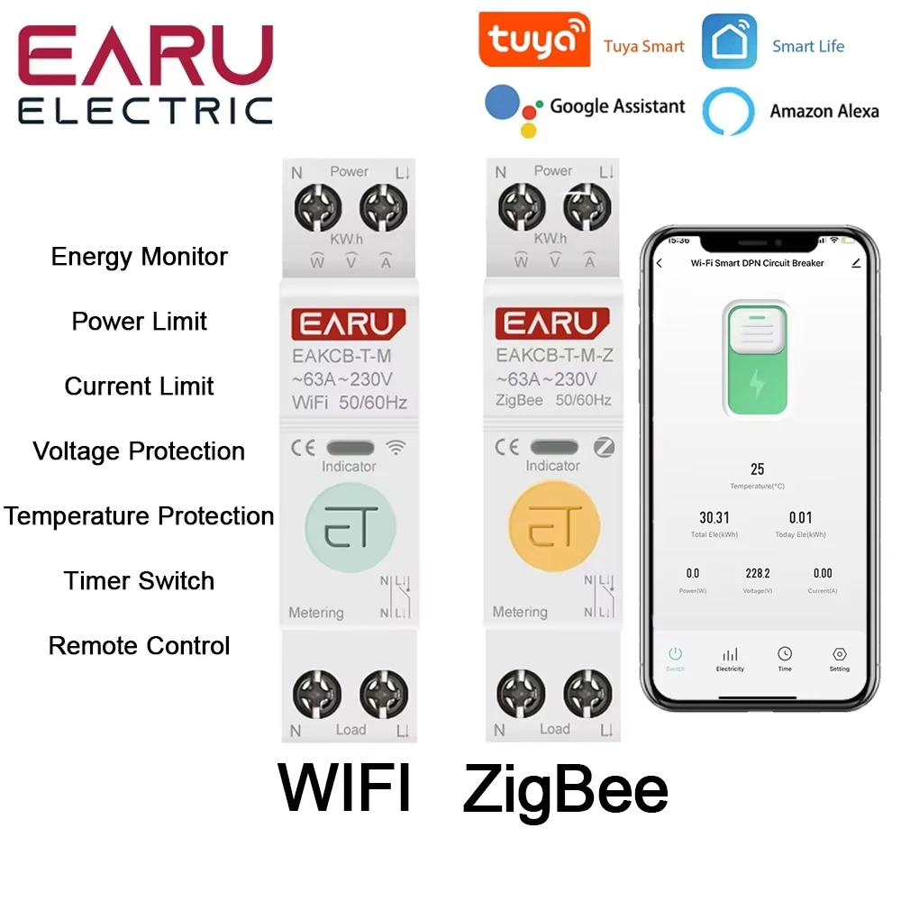 Tuya WiFi Zigbee Smart Circuit Breaker MCB 1P+N 63A Power Energy kWh Voltage Current Meter Protector Voice Remote Control Switch